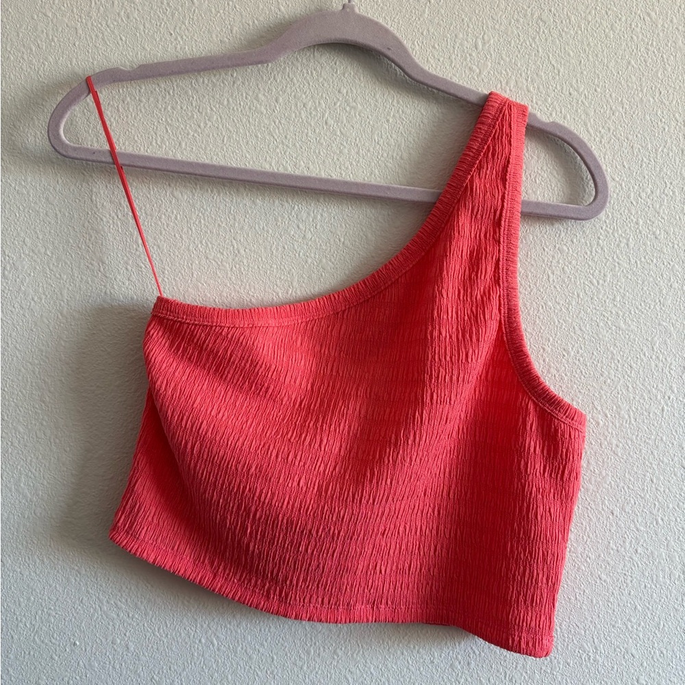 American Eagle One-Shoulder Smocked Crop Tank Top Women’s XL Coral Pink